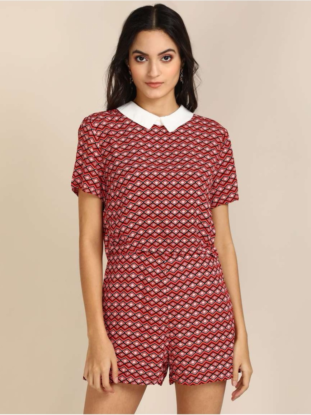 Forever 21 Orange White and Black Geometric Collared Romper